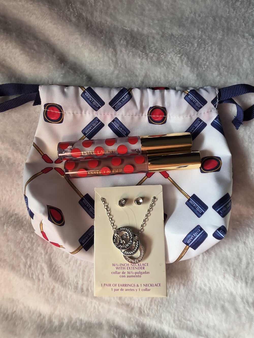 Estee Lauder Red Lip Gloss Duo with Silver Necklace & Earrings